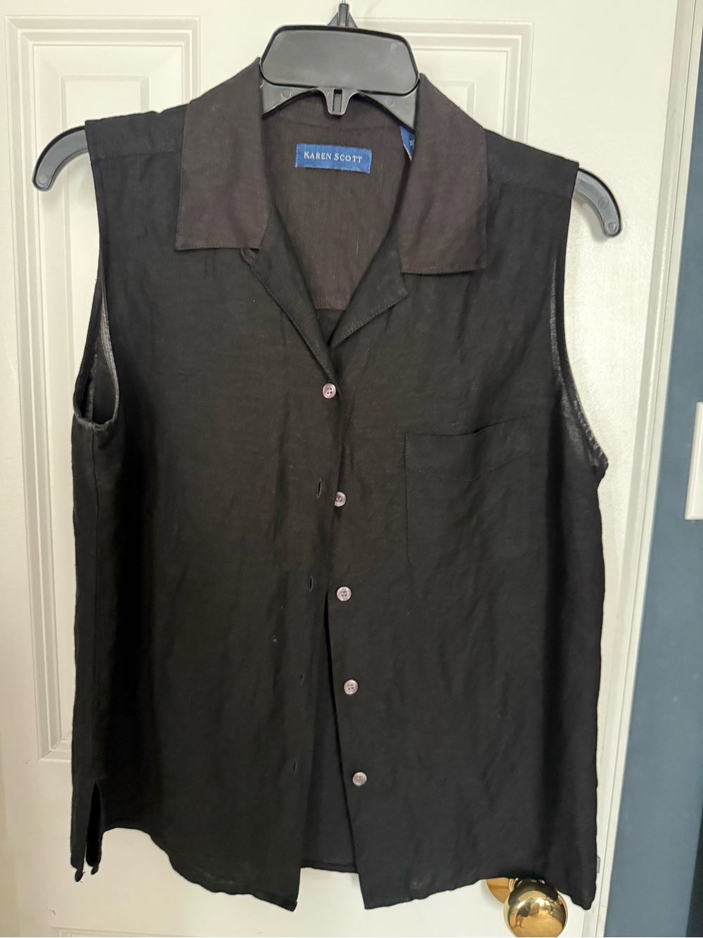 Karen Scott Black Sleeveless Collared Button-Up linen/rayon Top